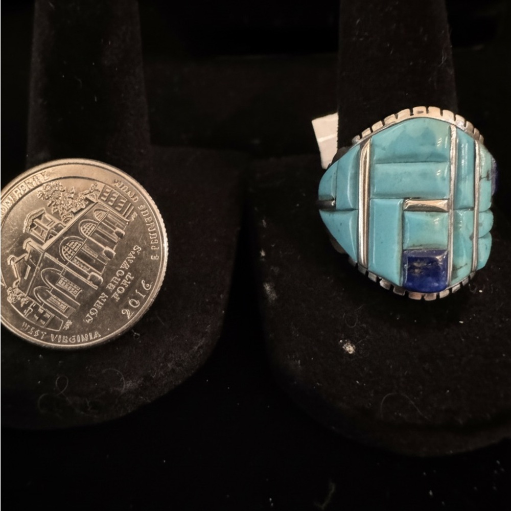 Turquoise & Lapis Inlay Statement Ring sterling Silver setting native design‎ - Picture 5 of 7